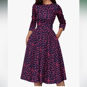 Women’s Prariecore Bohemian Floral Midi 3/4 Sleeve Dress